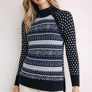 Talbots Fair Isle Cozy Thermolite Snap Button Mockneck Sweater In Blue Iris Sz M
